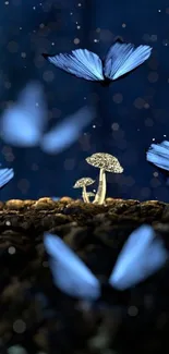 Mystical blue butterflies flutter above glowing mushrooms in a dark magical forest.