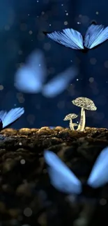 Blue butterflies and glowing mushrooms in a mystical dark forest setting.