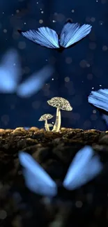 Blue butterflies flutter around sparkling mushrooms on a dark, mystical background.