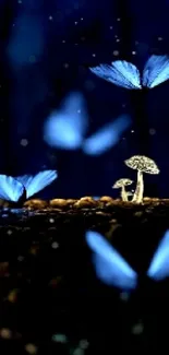 Mystical scene with blue butterflies and mushrooms on forest floor.