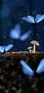 Blue butterflies fluttering over glowing mushrooms in a mystical forest setting.