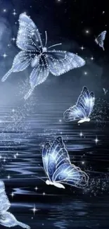 Blue butterflies over starry, serene water.