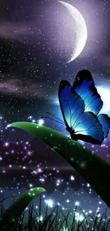 Blue butterfly on leaf under a crescent moon and starry sky.