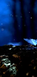 Blue butterflies glow in a mystical, dark forest setting.