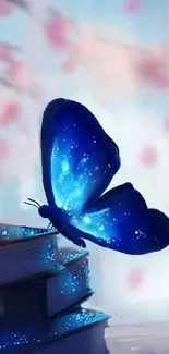 A mystical blue butterfly perched on books with ethereal background.