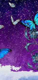 Vibrant blue butterflies on a mystical purple starry sky wallpaper.