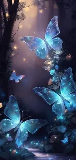 Mystical forest with glowing blue butterflies at night.