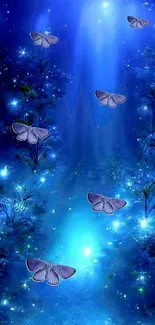 Enchanted forest with glowing blue butterflies under a mystical light.