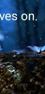 Mystical blue butterflies on a forest floor with sparkling night lights.