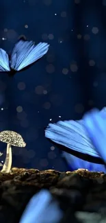 Mystical blue butterflies and glowing mushrooms in forest scenery.