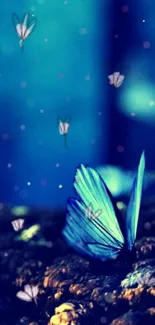 Blue butterfly surrounded by a dreamy, softly focused background on mobile wallpaper.