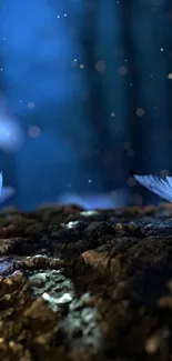 Mystical blue butterfly in a dark forest scene with glowing elements.