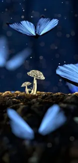 Blue butterflies hovering over mushrooms at night.