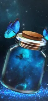 Mystical blue butterfly and galaxy jar mobile wallpaper.