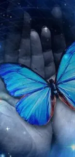 Blue butterfly in hands amidst a cosmic night sky.