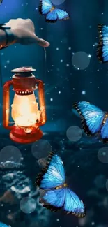 Mystical wallpaper with blue butterflies and glowing lantern.