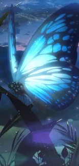 A mystical blue butterfly in a serene nighttime landscape.