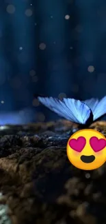 Mystical blue butterfly with glowing bokeh on a dark textured surface.