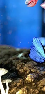 Blue butterfly with flowers and mushrooms in mystical scene.