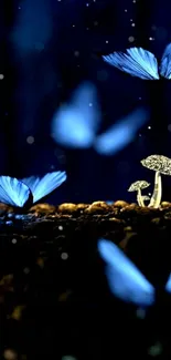 Mystical blue butterflies with glowing mushrooms on a dark background.