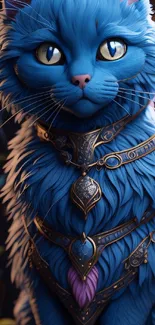 Mystical blue cat with golden armor, vibrant and enchanting wallpaper.