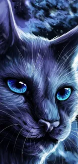 Artistic wallpaper of a mystical blue cat with vibrant eyes.