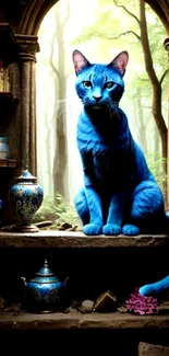 Mystical blue cat among ornate vases in a forest setting.