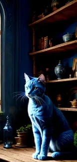 Blue cat sitting in ornate room with vintage pottery and shelves.