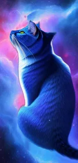 Mystical blue cat in cosmic galaxy wallpaper.