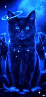 Mystical blue cat with wings and halo under a full moon.