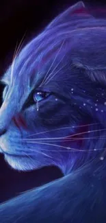 Mystical blue cat with cosmic features in vivid blue and violet hues.