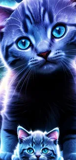 Mystical blue cats with glowing eyes on fantasy-themed wallpaper.