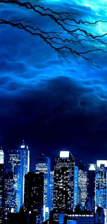 Mystical blue night cityscape with skyline.