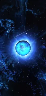 Blue cosmic explosion wallpaper with mystical space elements.