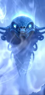 Blue mystical creature with glowing eyes in a fantasy art style on a dark background.