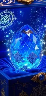 Luminous blue crystal in ornate box with sparkling design.