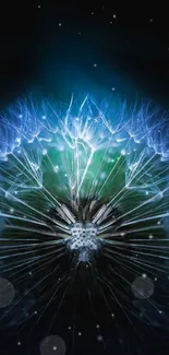 A mystical blue dandelion glows against a dark background, showcasing nature's beauty.