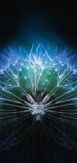 Mystical blue dandelion with glowing effects on a dark background.