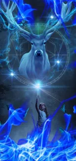 A mystical blue deer in a fantasy digital art scene with glowing lights.