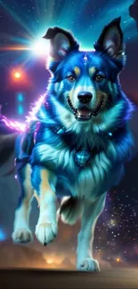 Blue mystical dog in cosmic galaxy setting, vibrant and enchanting.