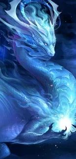 Mystical blue dragon artwork with glowing light and swirling patterns.