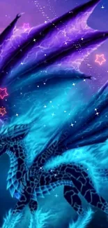 Mystical blue dragon wallpaper with stars and colorful purple wings.