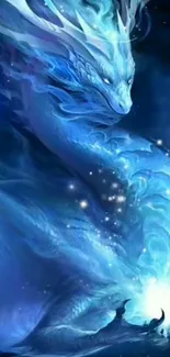 Mystical blue dragon amid cosmic clouds.