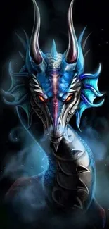 Mystical blue dragon on dark background wallpaper.