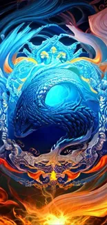 Mystical blue dragon art with fiery accents in vibrant colors.