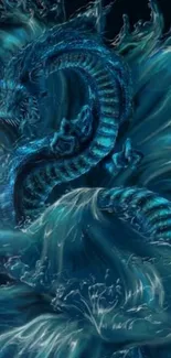 Blue dragon swirling in ocean waves creating a mystical and fantasy-themed design.