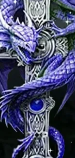 A mystical blue dragon wrapped around a decorated cross with a dark background.