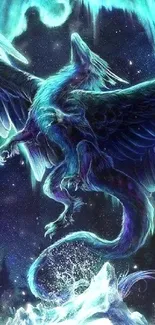 Fantasy dragon with aurora in night sky, glowing teal hues.