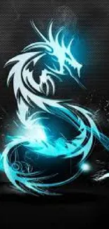 Mystical blue dragon with neon glow on dark background.