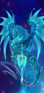 Mystical blue dragon with glowing wings and sword on a fantasy-themed mobile wallpaper.